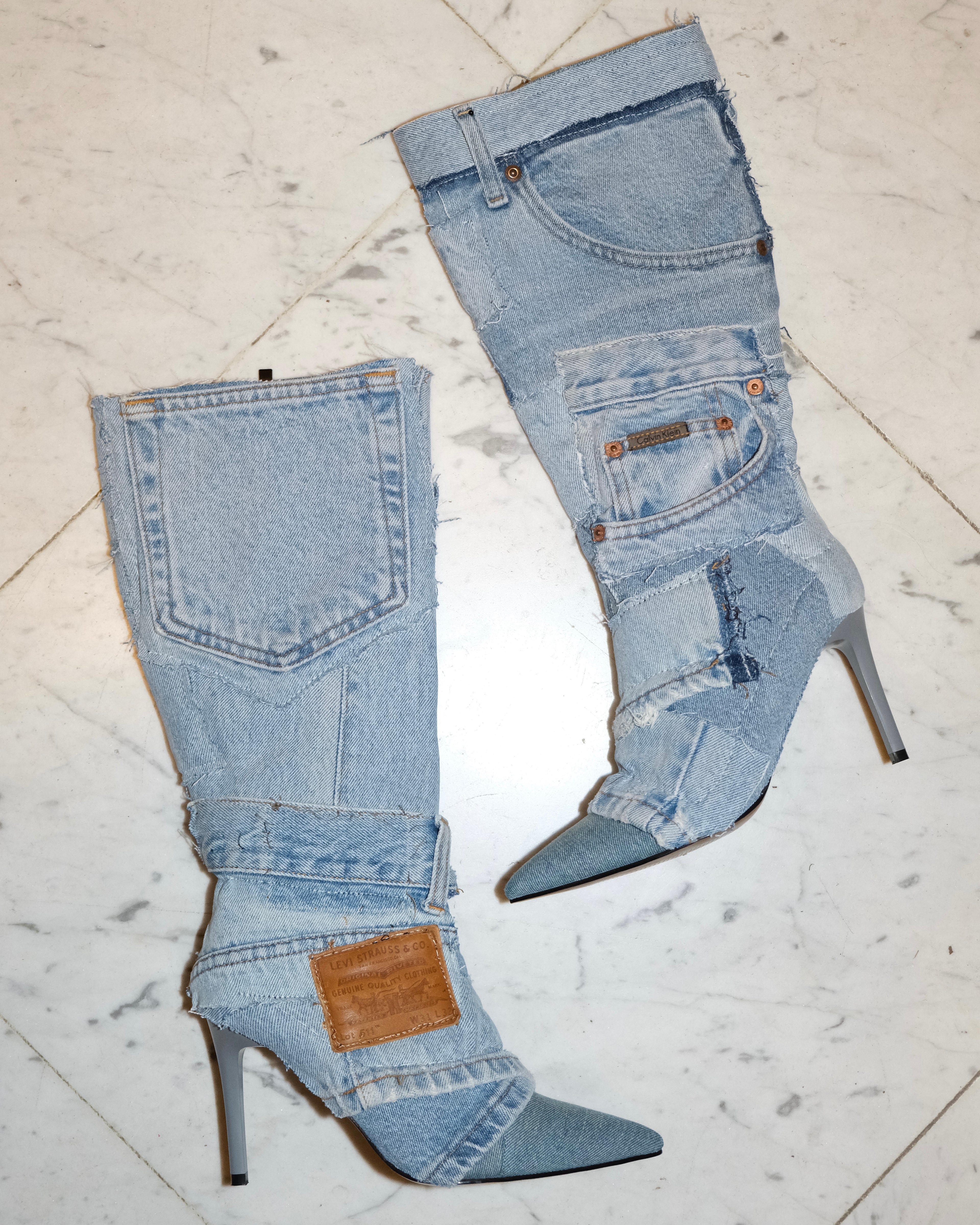 CUSTOM BLUE PATCH WORK DENIM BOOTS