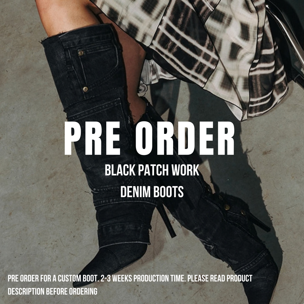 CUSTOM BLACK PATCH WORK DENIM BOOTS