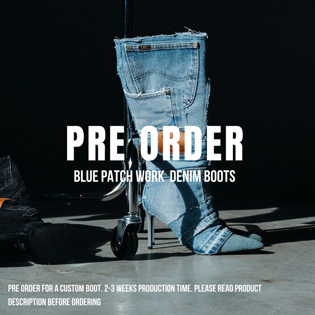 BLUE PATCH WORK DENIM BOOTS
