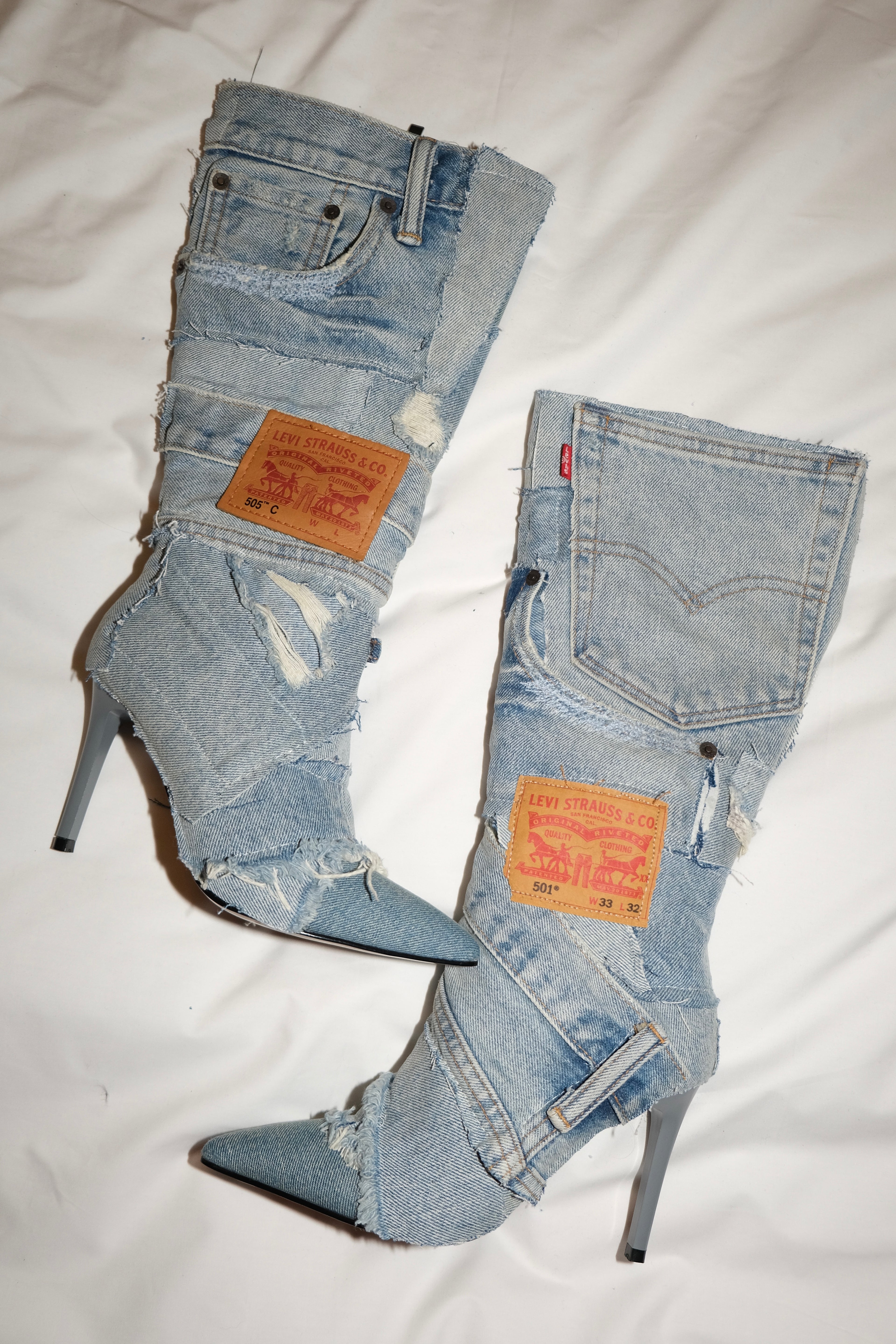 CUSTOM BLUE PATCH WORK DENIM BOOTS